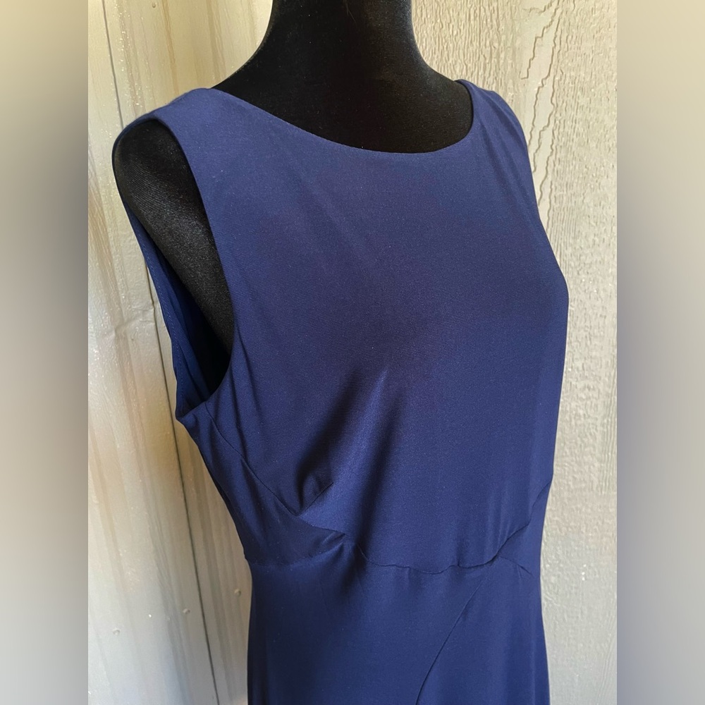 Lauren Ralph Lauren Navy Blue Sheath Dress Stretch Deep V in Back Career sz 14